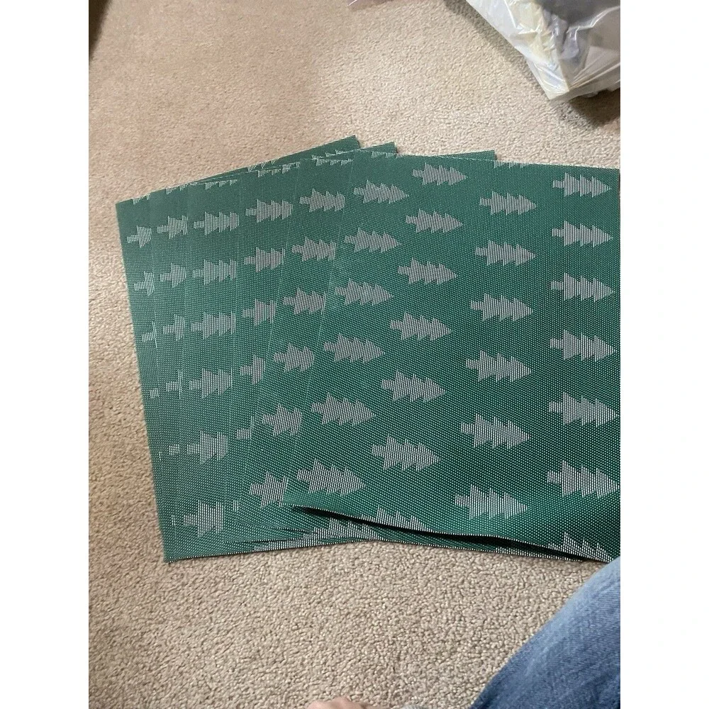 Rare Vintage Set of 6 Reversible Green Woven Christmas Tree Placemats 13x18